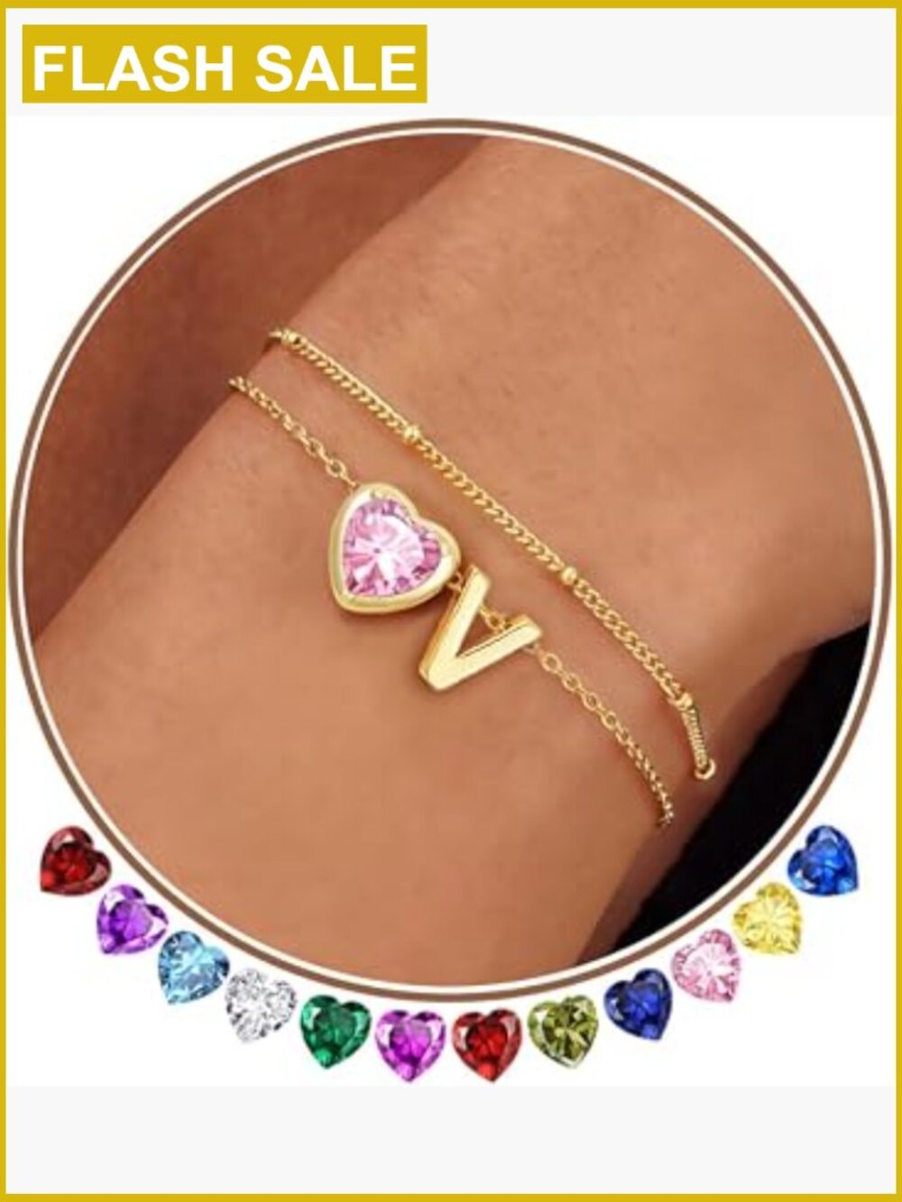 14K Gold Plated Heart Initial Birthstone Charm Bracelet Women Dainty